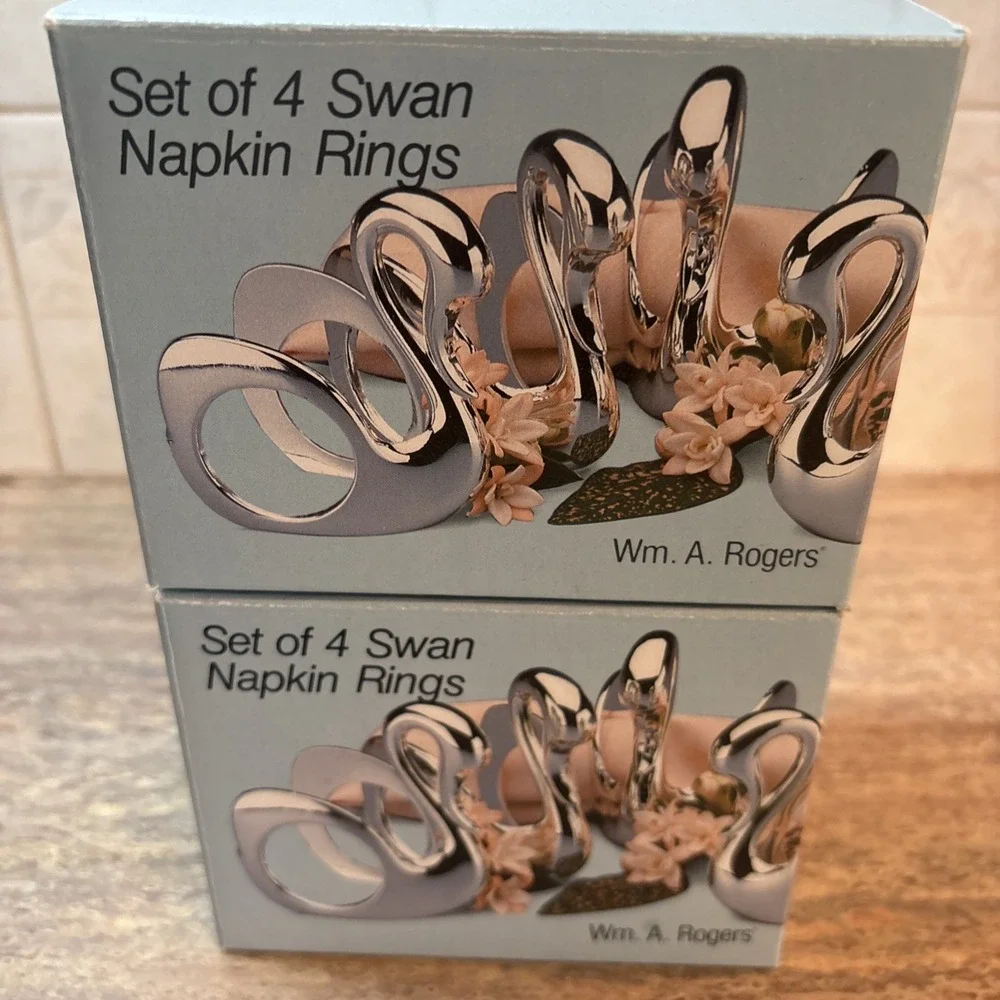 Wm A Rogers Silverplate Swan Napkin Rings MCM Set of 8 Holders 2 Boxes of 4 NIB